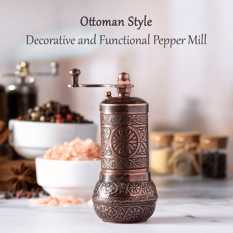 Crystalia Decorative Black Pepper Grinder, Refillable Turkish Spice Mill with Adjustable Coarseness, Manual Pepper Mill with Handle, Spice Grinder Metal with Hand Crank, Copper - Image 3